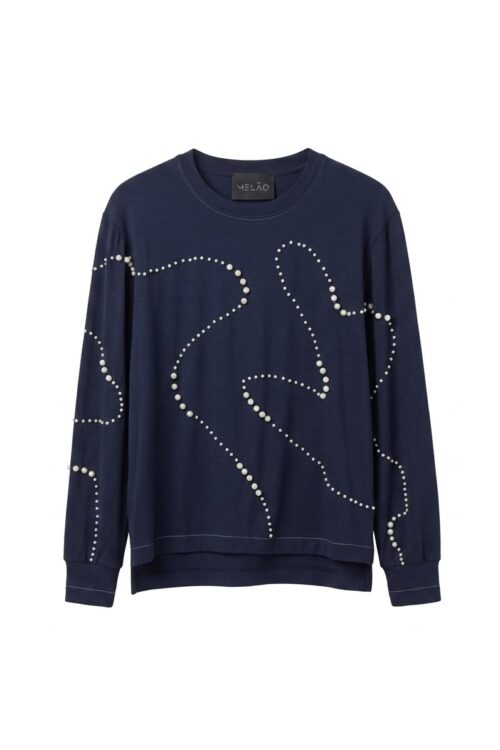 Sweater Bordado en Perlas Talla M Color Azul Marino
